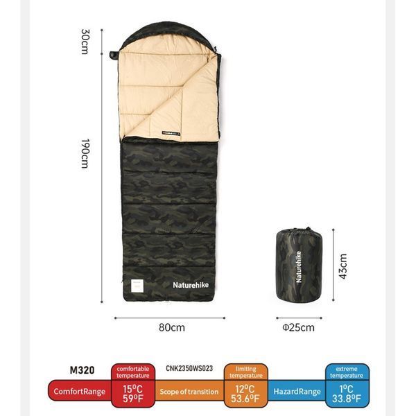 Спальний мішок з капюшоном Naturehike M320 CNK2350WS023, зелений камуфляж, правий 6975641889205 фото